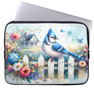 Blaue Häher-Cottage-Garten-Zaun-Szene Laptopschutzhülle