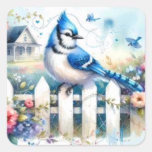Blaue Häher-Cottage-Garten Zaun Szene Quadratischer Aufkleber