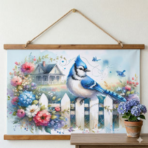 Blaue Häher Cottage-Garten Zaun Szene Wandteppich Mit Holzrahmen