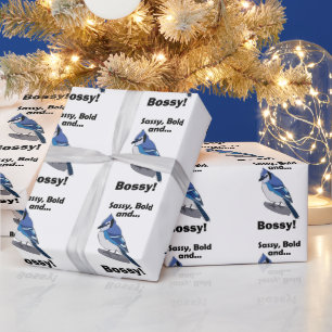 Blaue-Häher-Freche-Kecke-Bossy-Vogel-Geburtstagsfe Geschenkpapier