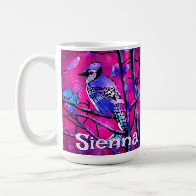 Blaue Häher-Vogel-Baum-Zweig Rosa Personalisiert  Kaffeetasse (Links)