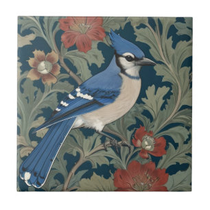 Blaue Häher-Vogel William Morris-Stil Rechts Blaue Fliese