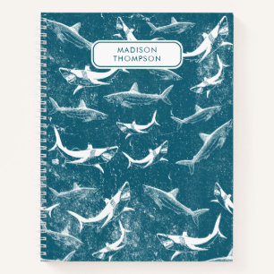 Blaue Haifisch-Muster-Kinder mit individuellem Nam Notizbuch
