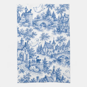 Blaue Halloween-Dorf-Toile-Muster Geister Katzen Geschirrtuch