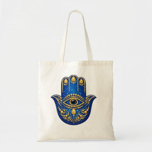 Blaue Hamsa-Hand-Tasche Gold Böser Blick Leinwand Tragetasche
