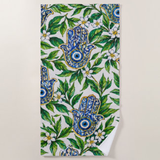 Blaue Hamsa-Hand von Fatima Blumenmuster Strandtuch