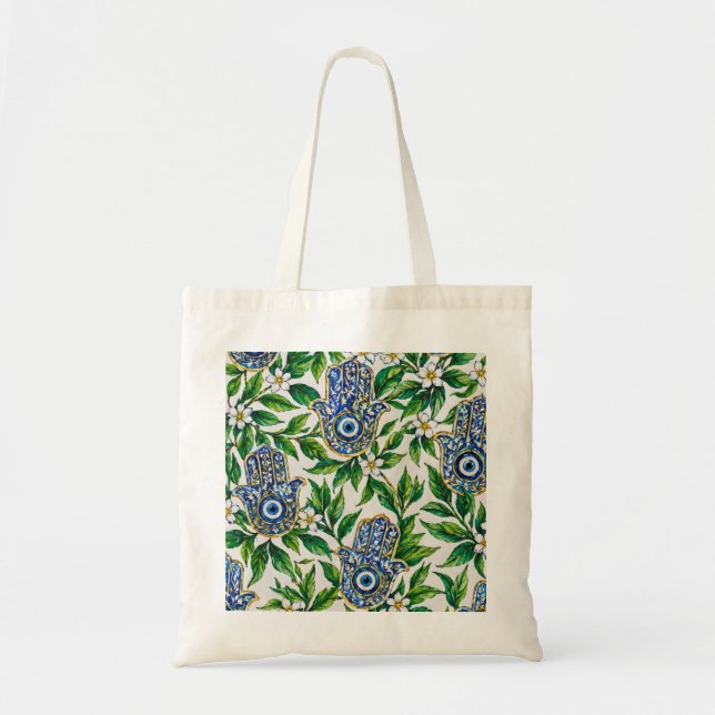 Blaue Hamsa-Hand von Fatima Blumenmuster Tragetasche (Vorne)