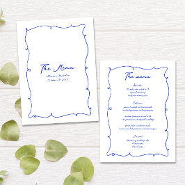 Blaue Hand gezeichnete Wavy Border & Script Hochze Menükarte