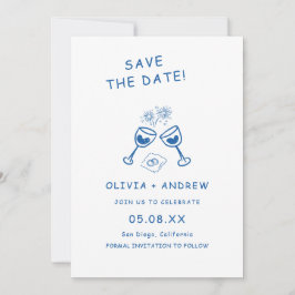 Blaue Hand gezeichnete Whimsikzeitung retten das D Einladung