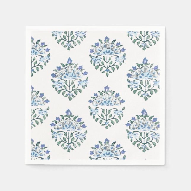 Blaue Handblock-Medaillon, Elfenbeingrund Serviette (Vorderseite)