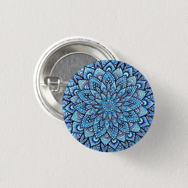 Blaue Handgemalte Mandala-Design-Pin-Schaltfläche Button (Vorne & Hinten)