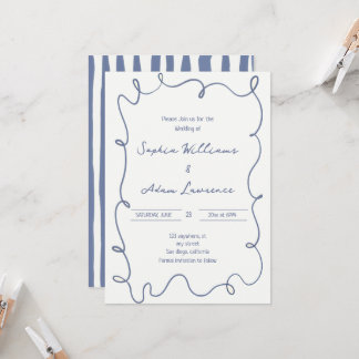 Blaue handgeschriebene Pinstripes whimsical Hochze Einladung