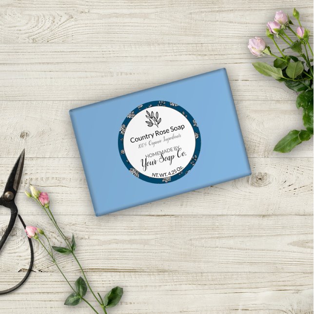 Blaue handGezeichnet Rose und Blätter Kunsthandwer Runder Aufkleber (Von Creator hochgeladen)