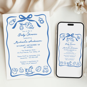 Blaue handgezeichnete Doodle-Launige Jungen-Baby-P Einladung