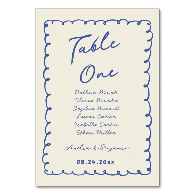 Blaue handgezeichnete Herz Whimsical Hochzeit  Tischnummer (Vorderseite)
