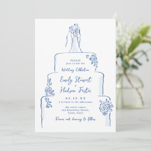 Blaue handgezeichnete Hochzeitstorte Whimsical Einladung
