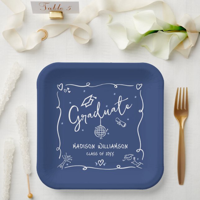 Blaue handgezeichnete Kritzel-Style-Abschluss-Exze Pappteller (Hochzeit)