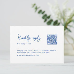 Blaue handgezeichnete Monogramm-Launen Hochzeits-Q RSVP Karte