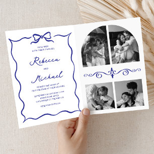 Blaue handgezeichnete QR-Code-Foto-Hochzeit mit Bo Einladung