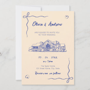 Blaue handgezeichnete Skizze Ort Hochzeit Einladung