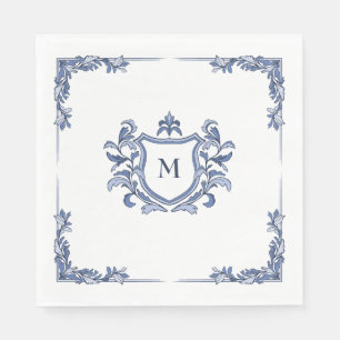 Blaue handgezeichnete Vintage-Wappen-Monogramm-Hoc Serviette