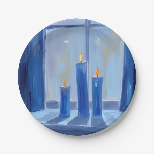 Blaue Hanukka-Kerzen Aquarell Pappteller (Vorderseite)