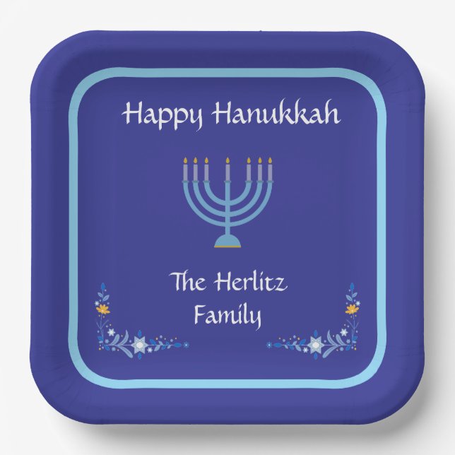 Blaue HANUKKAH-Menora Anpassen NAME Pappteller (Vorderseite)