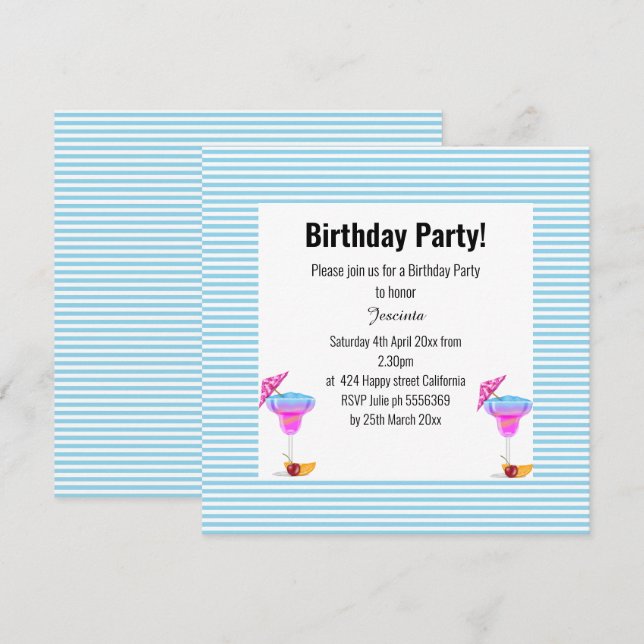 BLAUE HAWAIIAN STRIPED THEMA BIRTHDAY PARTEI EINLADUNG (Vorne/Hinten)