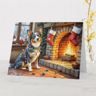 Blaue Heeler-Kamin mit Weihnachtslichtern Karte