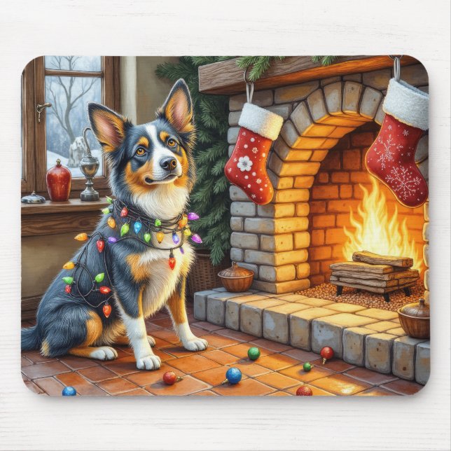 Blaue Heeler-Kamin mit Weihnachtslichtern Mousepad (Vorne)