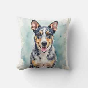 Blaue Heeler-Wasserfarbspritzer-Hintergrundkunst Kissen