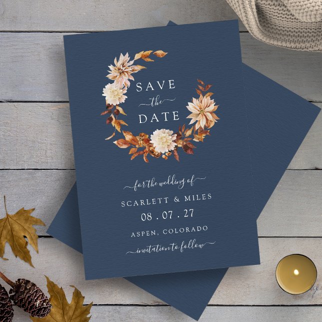 Blaue Herbstfeier Save The Date (Navy Blue Watercolor Fall Wreath Wedding Save The Date by Painted Paperie
)