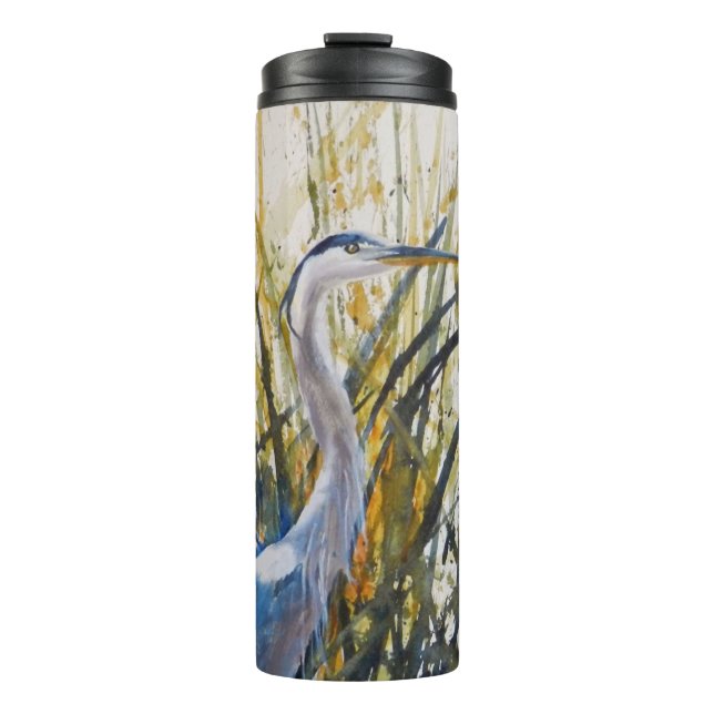 Blaue Heron Wasserfarbe bei Unkraut Thermosbecher (Vorderseite)