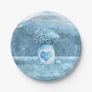 Blaue Herz-Mason-Glas & Baby's Breath-Hochzeit Pappteller