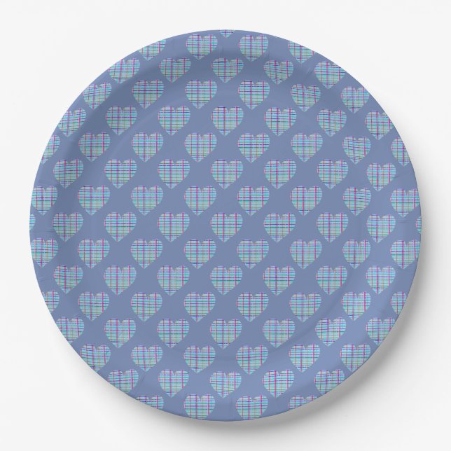 Blaue Herzen auf Denim Blau Pappteller (Vorderseite)