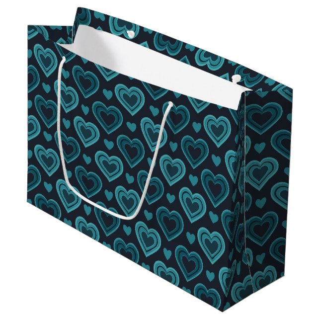 Blaue Herzen Große Geschenktüte (Vorderseite Schrägansicht)