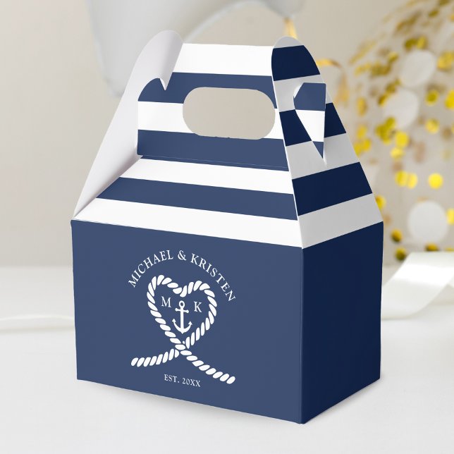 Blaue Herzklopfen-Hochzeit Geschenkschachtel (Nautical Blue and White Rope Heart Anchor Striped Monogram Wedding Favor Box)