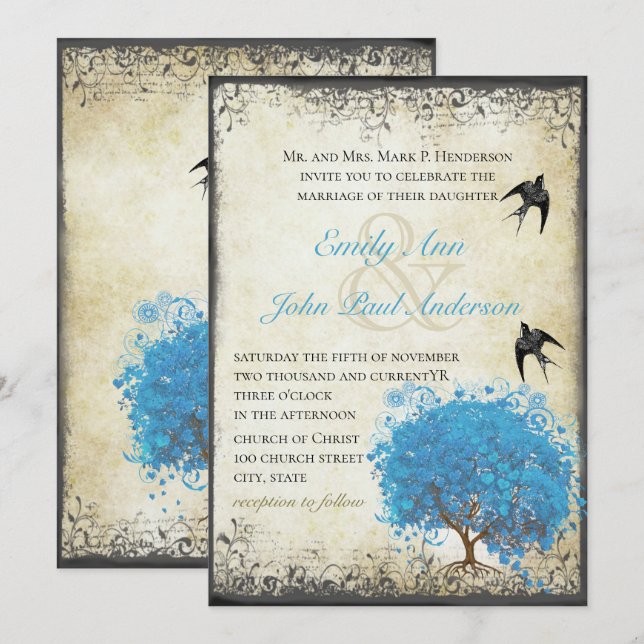 Blaue Herzleder Tree Vintage Vogelperspektive Einladung (Vorne/Hinten)