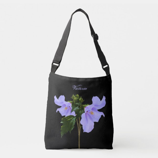 Blaue Hibiskus-Blumen schwarze Crossbody Tragetaschen Mit Langen Trägern (Vorderseite)