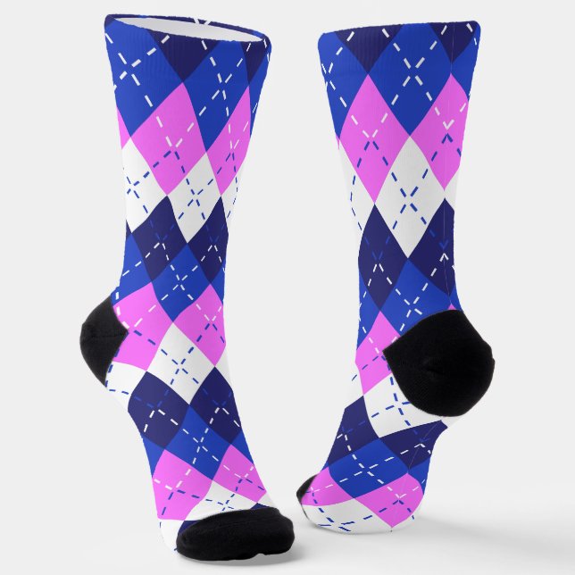 Blaue Himbeere, Rosa und Weiße Raute Socken (Gewinkelt)