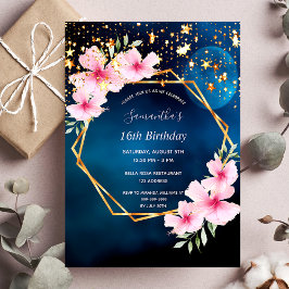 Blaue Himmelssterne Goldgee Rosa Blütenblume Einladung