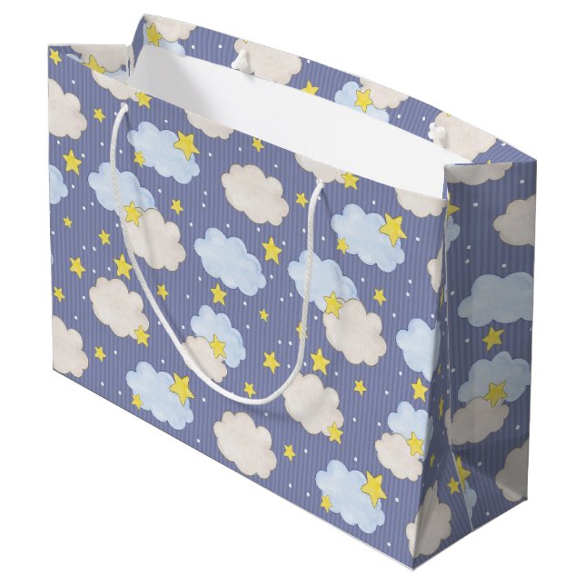  Blaue Himmelsterne und Wolken  Große Geschenktüte (Rückseite Schrägansicht)