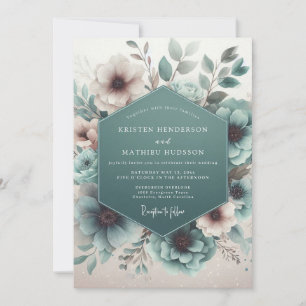 Blaue himmlische Hochzeit mit floralen Motiven Einladung