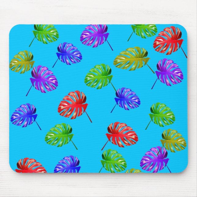 Blaue Hintergrundmousepad für tropische Blätter Mousepad (Vorne)
