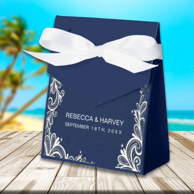 Blaue Hochzeit am Strand Geschenkschachtel (nautical beach white lace navy blue wedding favor boxes)