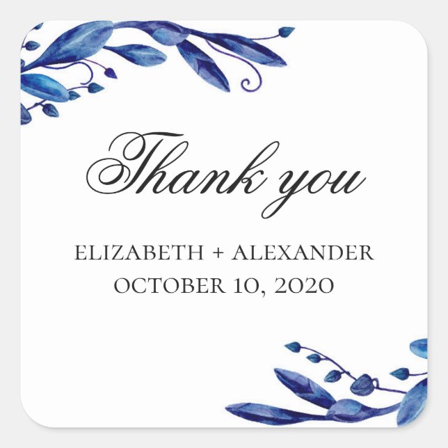 Blaue Hochzeit danke. Wasserfarbe Quadratischer Aufkleber (Vorderseite)