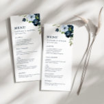 Blaue Hochzeit der Marine Menükarte<br><div class="desc">Ein wunderschönes Blumenmotiv mit schönen Blumen in Aquarellblau. Farbe und Text können personalisiert sein.</div>