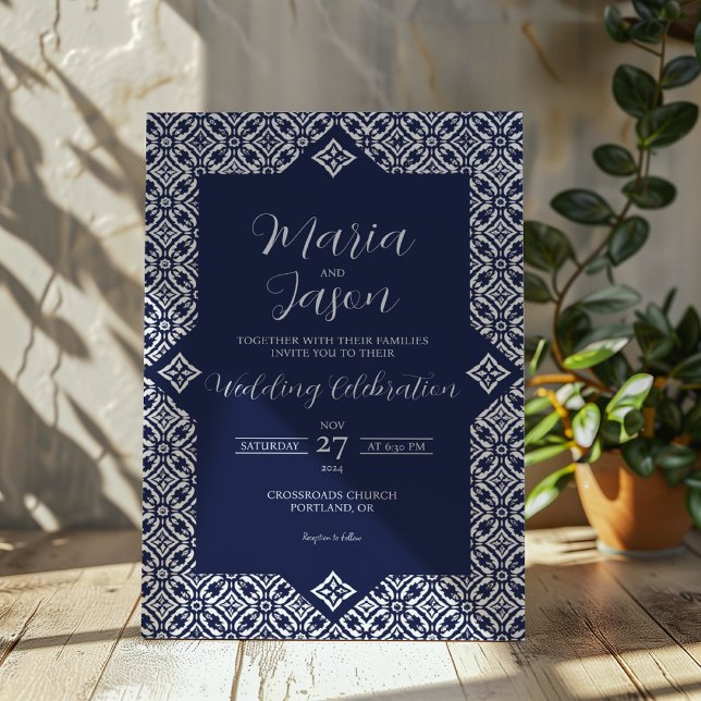 Blaue Hochzeit der mexikanischen Marine Einladung (Mexican Navy Blue Talavera Formal Elegant Wedding Invitation)