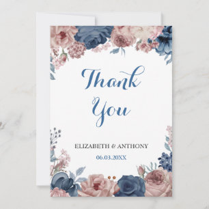 Blaue Hochzeit der Navy Rose Mauve Watercolor Dankeskarte