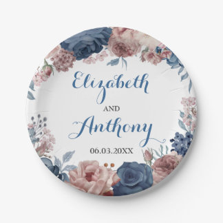 Blaue Hochzeit der Navy Rose Mauve Watercolor Pappteller